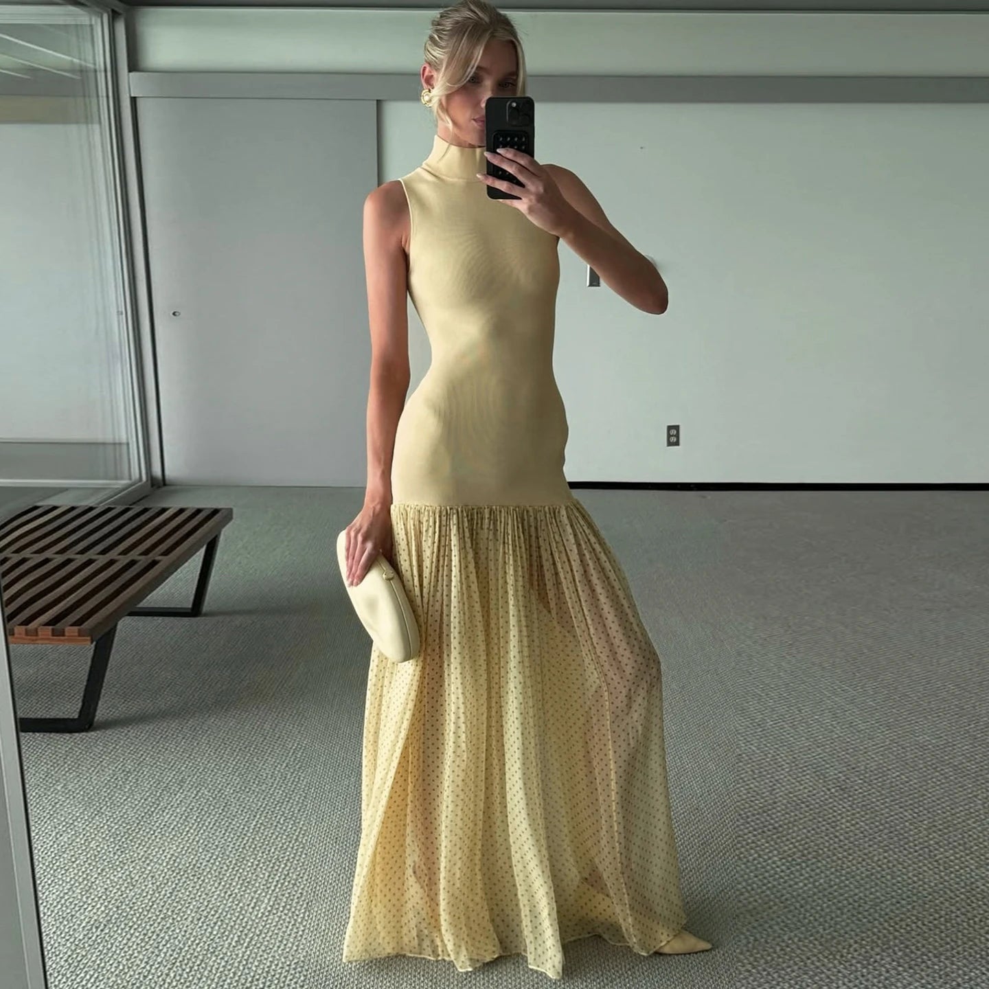 Women's Natural Waist Bud Maxi Dress Sheer Mesh Panels Color Blocking Elegant Yellow Polka Dot Bodycon Sleeveless Washable - Zeprah