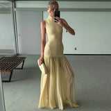 Women's Natural Waist Bud Maxi Dress Sheer Mesh Panels Color Blocking Elegant Yellow Polka Dot Bodycon Sleeveless Washable - Zeprah