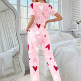 Women's New Casual Milk Silk Pajamas Pink Heart Print Short Sleeve Long Pants Summer Wearable Homewear - Zeprah