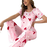 Women's New Casual Milk Silk Pajamas Pink Heart Print Short Sleeve Long Pants Summer Wearable Homewear - Zeprah
