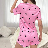 Women's New Style Pink Short - Sleeved Pajama Set Cute Heart Design Elastic Waist Two - Piece Home Wear Shorts - Zeprah