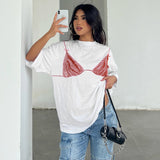 Women's Patchwork Knitted Digital Printing T-Shirt Casual Pullover Short Sleeve Top - Zeprah