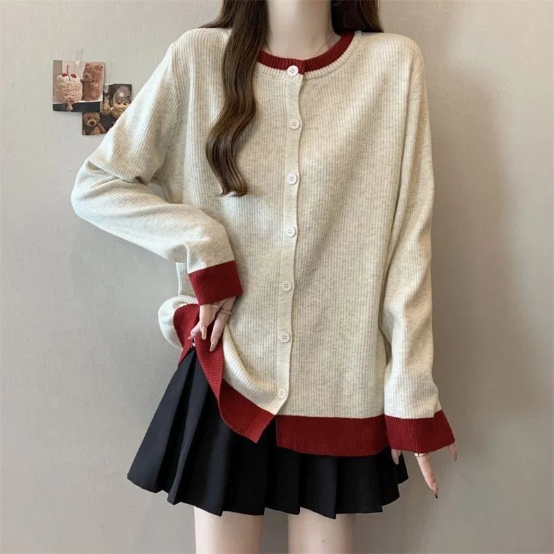 Women's Plus Size Contrast Color Round Neck Long - sleeved T-shirt Spring and Autumn New Loose Slim Base Top - Zeprah