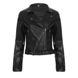 Women's PU Leather Biker Jacket Oversized Short Zip Long Sleeve Coat with Stand Collar Autumn Streetwear Woven Button Decoration - Zeprah