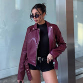 Women's PU Leather Biker Jacket Oversized Short Zip Long Sleeve Coat with Stand Collar Autumn Streetwear Woven Button Decoration - Zeprah