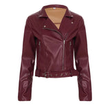 Women's PU Leather Biker Jacket Oversized Short Zip Long Sleeve Coat with Stand Collar Autumn Streetwear Woven Button Decoration - Zeprah