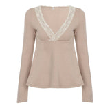 Women's Regular Fit Long Sleeve Knitted Eco - Friendly Breathable V Neck Casual Solid T-Shirt Lace Trim High Waist - Zeprah