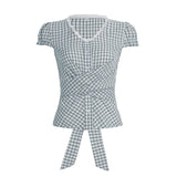 Women's Retro Skinny Short Sleeve Plaid Blouse Summer Vintage Button Woven Casual Top - Zeprah