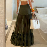 Women's Ruched Natural Waist A - Line Maxi Skirt Spring Summer Mesh Panel Breathable Long Casual Dress - Zeprah