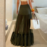 Women's Ruched Natural Waist A - Line Maxi Skirt Spring Summer Mesh Panel Breathable Long Casual Dress - Zeprah