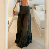 Women's Ruched Natural Waist A - Line Maxi Skirt Spring Summer Mesh Panel Breathable Long Casual Dress - Zeprah