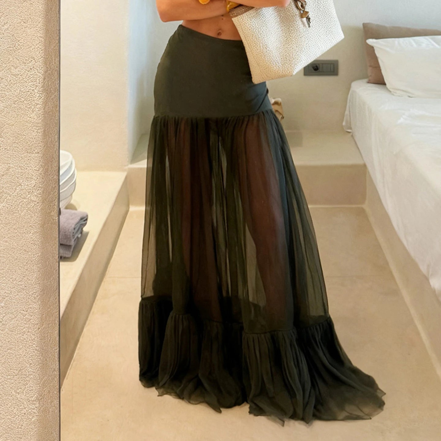 Women's Ruched Natural Waist A - Line Maxi Skirt Spring Summer Mesh Panel Breathable Long Casual Dress - Zeprah