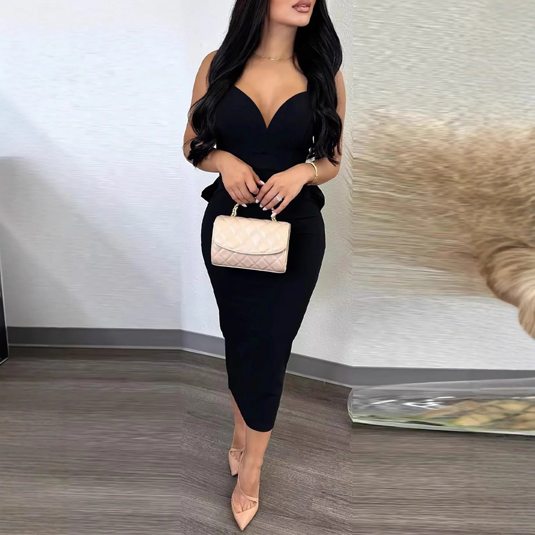 Women's Ruffled Spaghetti - Strap V - Neck Open - Back Midi Evening Gown - Zeprah