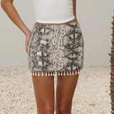 Women's Sexy Bodycon Natural Waist Skirt with Sequin Snake Print Contrast Rhinestone Fringe Hem Bud Design Eco - Friendly - Zeprah