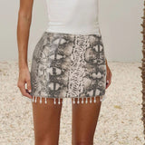 Women's Sexy Bodycon Natural Waist Skirt with Sequin Snake Print Contrast Rhinestone Fringe Hem Bud Design Eco - Friendly - Zeprah
