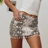 Women's Sexy Bodycon Natural Waist Skirt with Sequin Snake Print Contrast Rhinestone Fringe Hem Bud Design Eco - Friendly - Zeprah