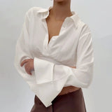 Women's Sexy Breathable Simple Oversized Long Sleeve Button - Down Blouse Lapel Collar - Relaxed Fit Casual Top Plain Dyed Front - Zeprah