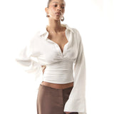 Women's Sexy Breathable Simple Oversized Long Sleeve Button - Down Blouse Lapel Collar - Relaxed Fit Casual Top Plain Dyed Front - Zeprah