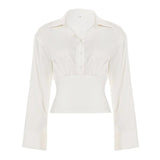 Women's Sexy Breathable Simple Oversized Long Sleeve Button - Down Blouse Lapel Collar - Relaxed Fit Casual Top Plain Dyed Front - Zeprah