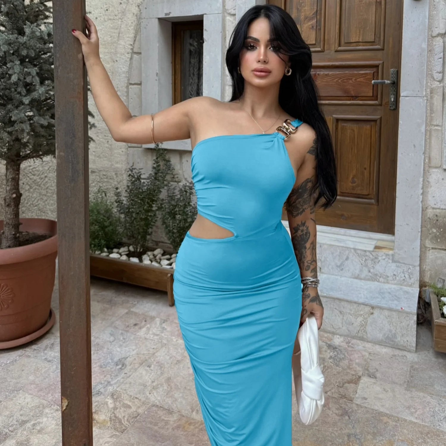 Women's Sexy One Shoulder Bodycon Party Dress New European Style with Waist Cut - Out and Fashionable Slits Evening Dress - Zeprah