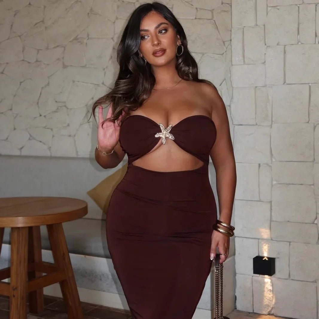 Women's Sexy Solid Color Strapless Bandage Dress Fashionable Cut - Out Bodycon Maxi Dress with Slit for Party Sleeveless Dress - Zeprah