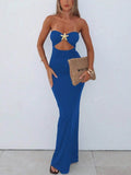 Women's Sexy Solid Color Strapless Bandage Dress Fashionable Cut - Out Bodycon Maxi Dress with Slit for Party Sleeveless Dress - Zeprah