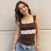Womens Sleeveless Knitted Tank Top High Waisted Polka Dot Crop Color Block Lace Trim Back Tie Fitted Summer Casual Camisole - Zeprah