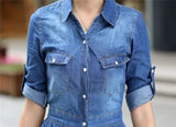 Women's Slim Fit Half Sleeve Pleated Shirt Dress Plus Size Denim Jean Dress - Zeprah