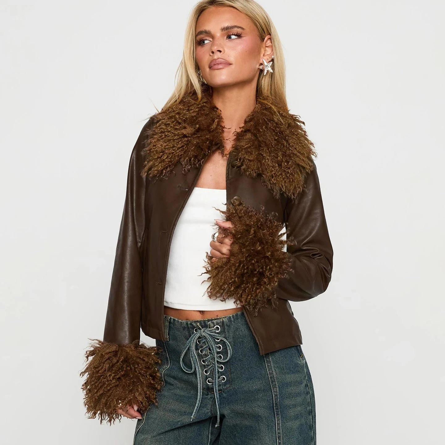 Women's Solid Color PU Leather Jacket Faux Fur Trim Customizable Single Breasted Autumn/Winter Eco - Friendly Windproof Plain Dyed - Zeprah