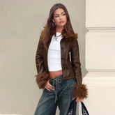 Women's Solid Color PU Leather Jacket Faux Fur Trim Customizable Single Breasted Autumn/Winter Eco - Friendly Windproof Plain Dyed - Zeprah