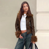 Women's Solid Color PU Leather Jacket Faux Fur Trim Customizable Single Breasted Autumn/Winter Eco - Friendly Windproof Plain Dyed - Zeprah