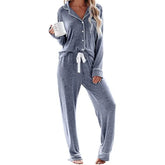 Women's Solid High - rise Breathable Casual Suit Home Clothes Pocket Buckle Long Sleeve Pants Women's Pajamas - Zeprah