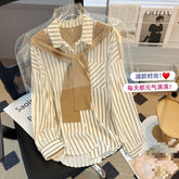 Women's Spring New Arrival Loose Slim - Fit Striped Long - Sleeve Shirt with Faux Two - piece Shawl - Zeprah