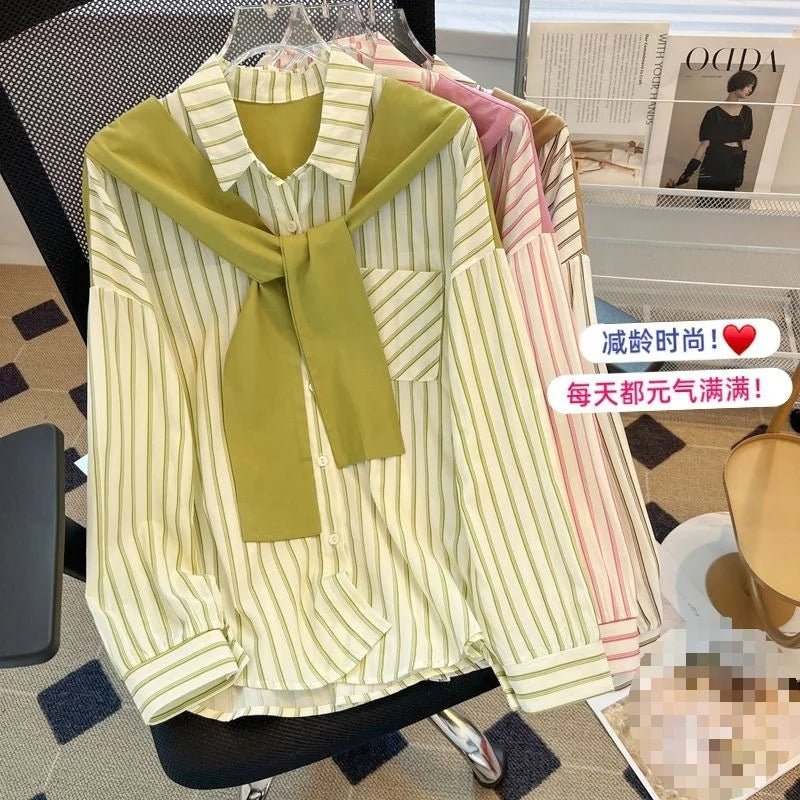 Women's Spring New Arrival Loose Slim - Fit Striped Long - Sleeve Shirt with Faux Two - piece Shawl - Zeprah