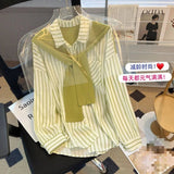 Women's Spring New Arrival Loose Slim - Fit Striped Long - Sleeve Shirt with Faux Two - piece Shawl - Zeprah