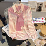 Women's Spring New Arrival Loose Slim - Fit Striped Long - Sleeve Shirt with Faux Two - piece Shawl - Zeprah