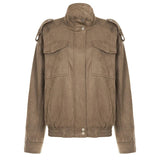 Women's Stand Collar Broadcloth Casual Street Style Blouson Jacket Loose Fit Autumn Woven Windproof Coat with Pockets - Zeprah