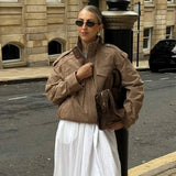 Women's Stand Collar Broadcloth Casual Street Style Blouson Jacket Loose Fit Autumn Woven Windproof Coat with Pockets - Zeprah