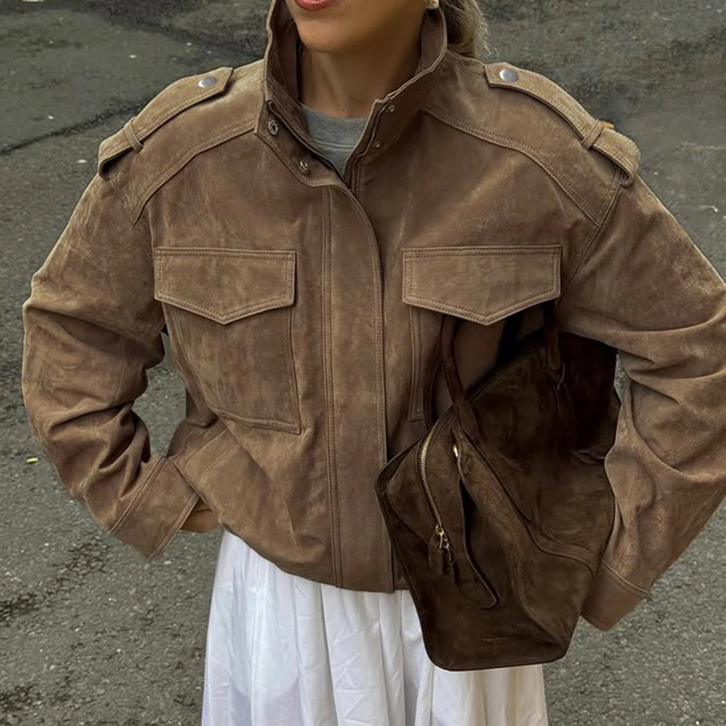 Women's Stand Collar Broadcloth Casual Street Style Blouson Jacket Loose Fit Autumn Woven Windproof Coat with Pockets - Zeprah