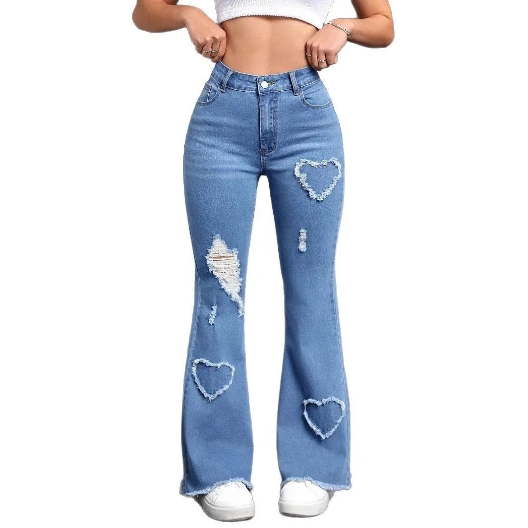 Women's Stretch Heart Pattern Ripped Flared Pants Fashion Casual Flared Jeans - Zeprah