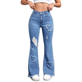 Women's Stretch Heart Pattern Ripped Flared Pants Fashion Casual Flared Jeans - Zeprah