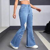Women's Stretch Heart Pattern Ripped Flared Pants Fashion Casual Flared Jeans - Zeprah