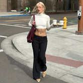 Women's Striped Low - Rise Woven Flare Trousers - Flat Front Fashion Office Pants for Work & Casual Wear - Zeprah