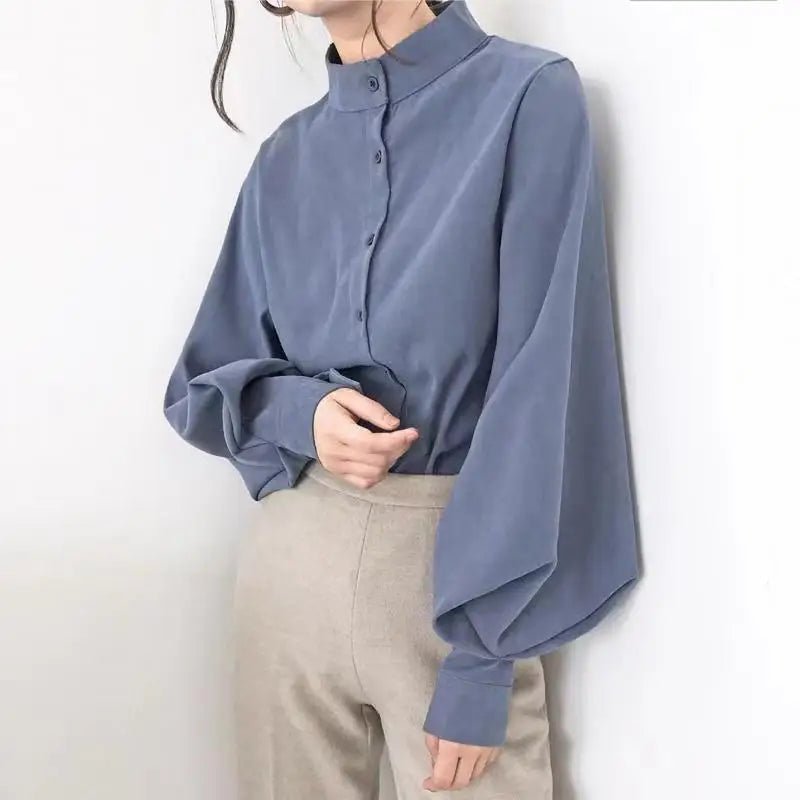 Women's Stylish Long Sleeve Shirt Spring Autumn Design Slimming Stand Collar Lantern Sleeve Casual Button Decoration Solid - Zeprah
