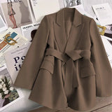 Women's Suit Coat Cardigans Jacket Office Lady Long Sleeve Belt Lapel V - neck Casual Loose Suit Coat - Zeprah