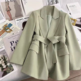 Women's Suit Coat Cardigans Jacket Office Lady Long Sleeve Belt Lapel V - neck Casual Loose Suit Coat - Zeprah