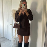 Women's Suit Set Fall Brown V - Neck Blazer with Short Knitting Pencil Skirt 2 - Piece Office Outfit Casual Workwear Loose Fit - Zeprah