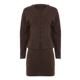 Women's Suit Set Fall Brown V - Neck Blazer with Short Knitting Pencil Skirt 2 - Piece Office Outfit Casual Workwear Loose Fit - Zeprah