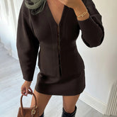 Women's Suit Set Fall Brown V - Neck Blazer with Short Knitting Pencil Skirt 2 - Piece Office Outfit Casual Workwear Loose Fit - Zeprah