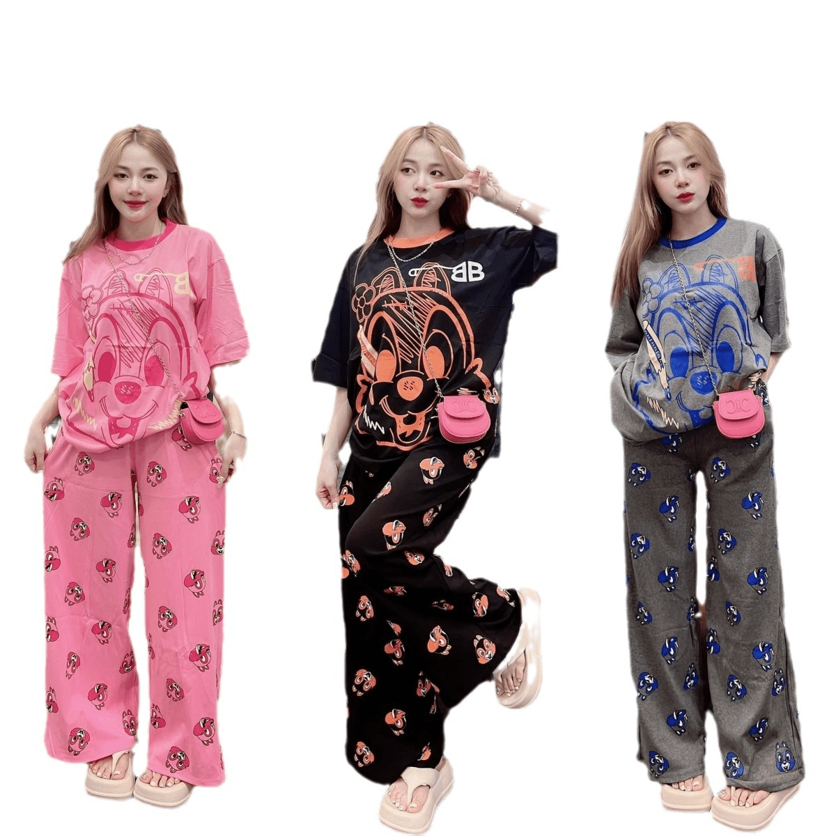 Women's Summer 2 - Piece Set | Casual Pink Squirrel Print T-Shirt & Long Pants Suit | Quick Dry Anti - Pilling Knitted Terry | Loose Fit Sports Set - Zeprah